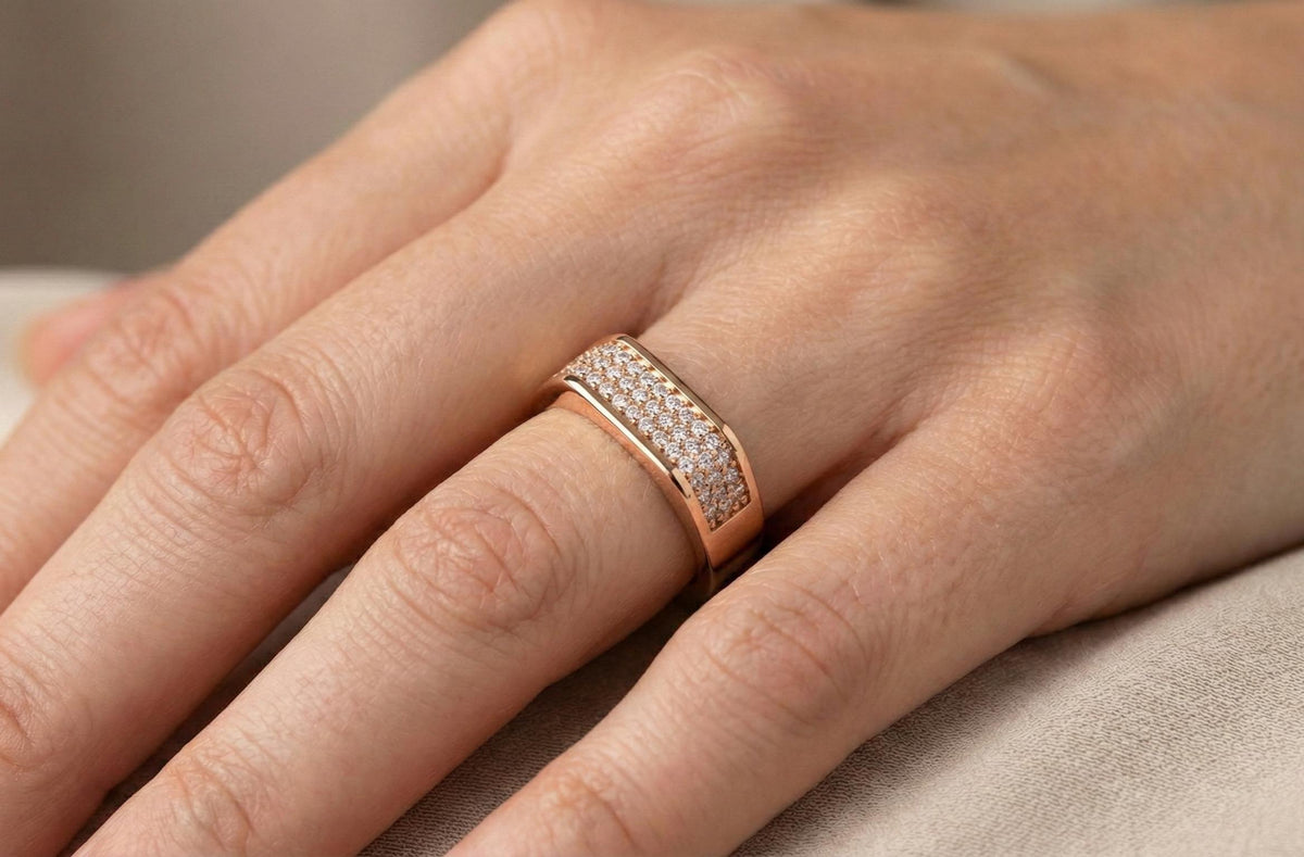Gold Wedding Band 925 Sterling Silver, Diamond Pave Ring, Men's Wedding Ring, Minimalist Anniversary Band, Statement Ring Gift for Him Her