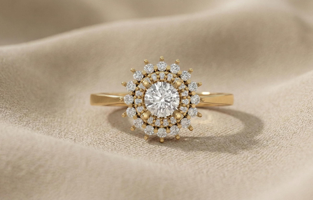 Gold Plated Sterling Silver Halo Engagement Ring, Vintage Bridal Jewelry