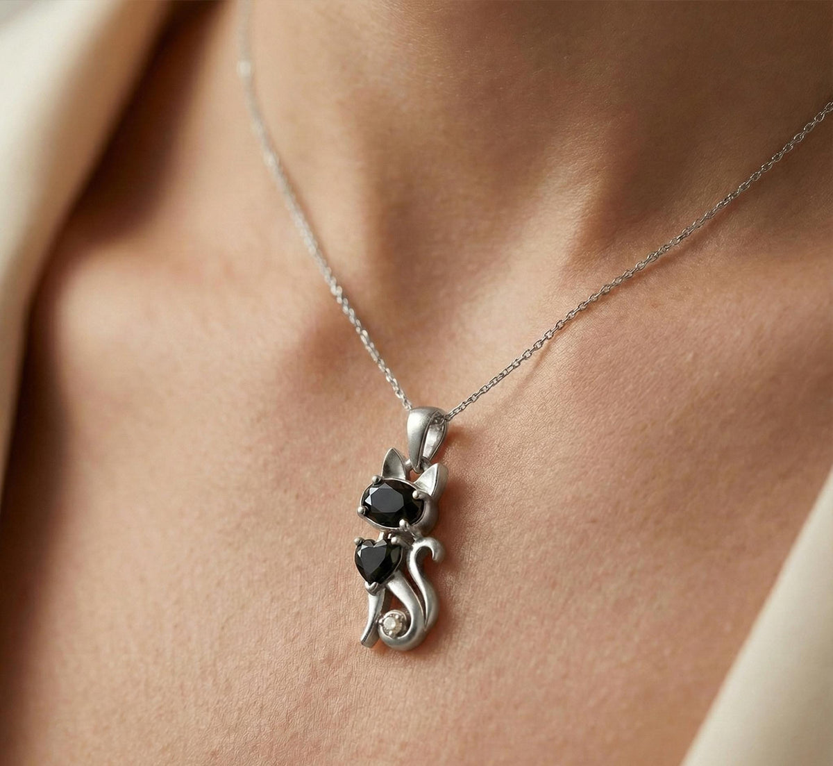 Gold Plated Sterling Silver Black Cat Necklace, Onyx Animal Charm