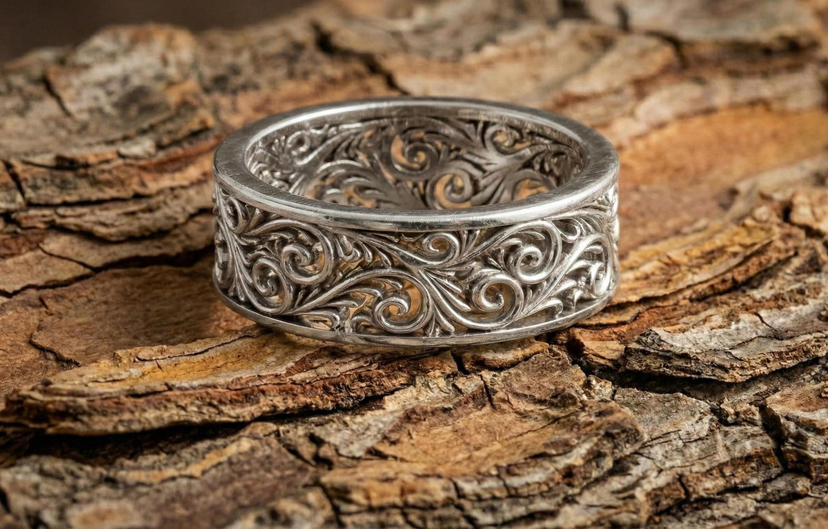 Sterling Silver Filigree Ring, Wide Band Vintage Scroll Ring, Art Nouveau Floral Statement Ring, Chunky Boho Thumb Ring, Unique Wedding Band