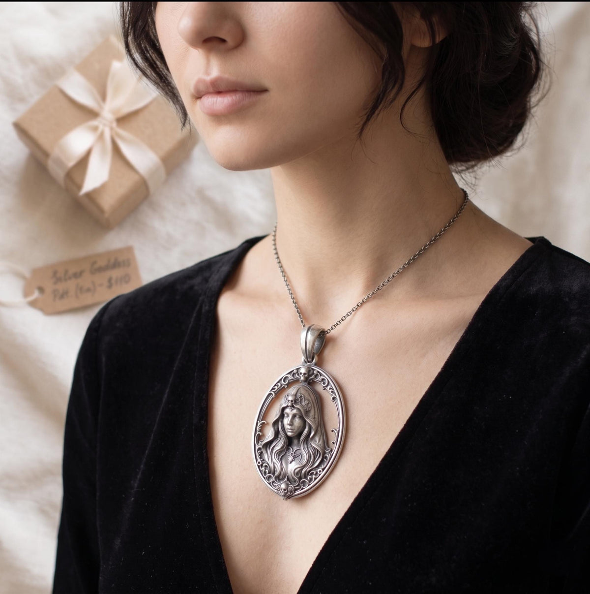 Gothic Goddess Skull Pendant, 925 Sterling Silver Witch Necklace, Victorian Goth Halloween Jewelry, Rose Gold Dark Academia Gift for Her