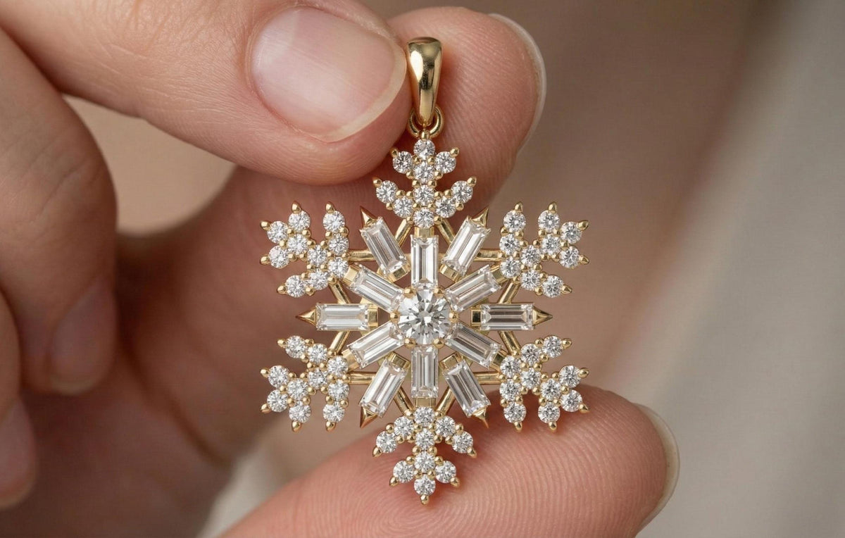 Gold Vermeil Snowflake Pendant with Baguette & Round CZ Stones – Icy Winter Jewelry