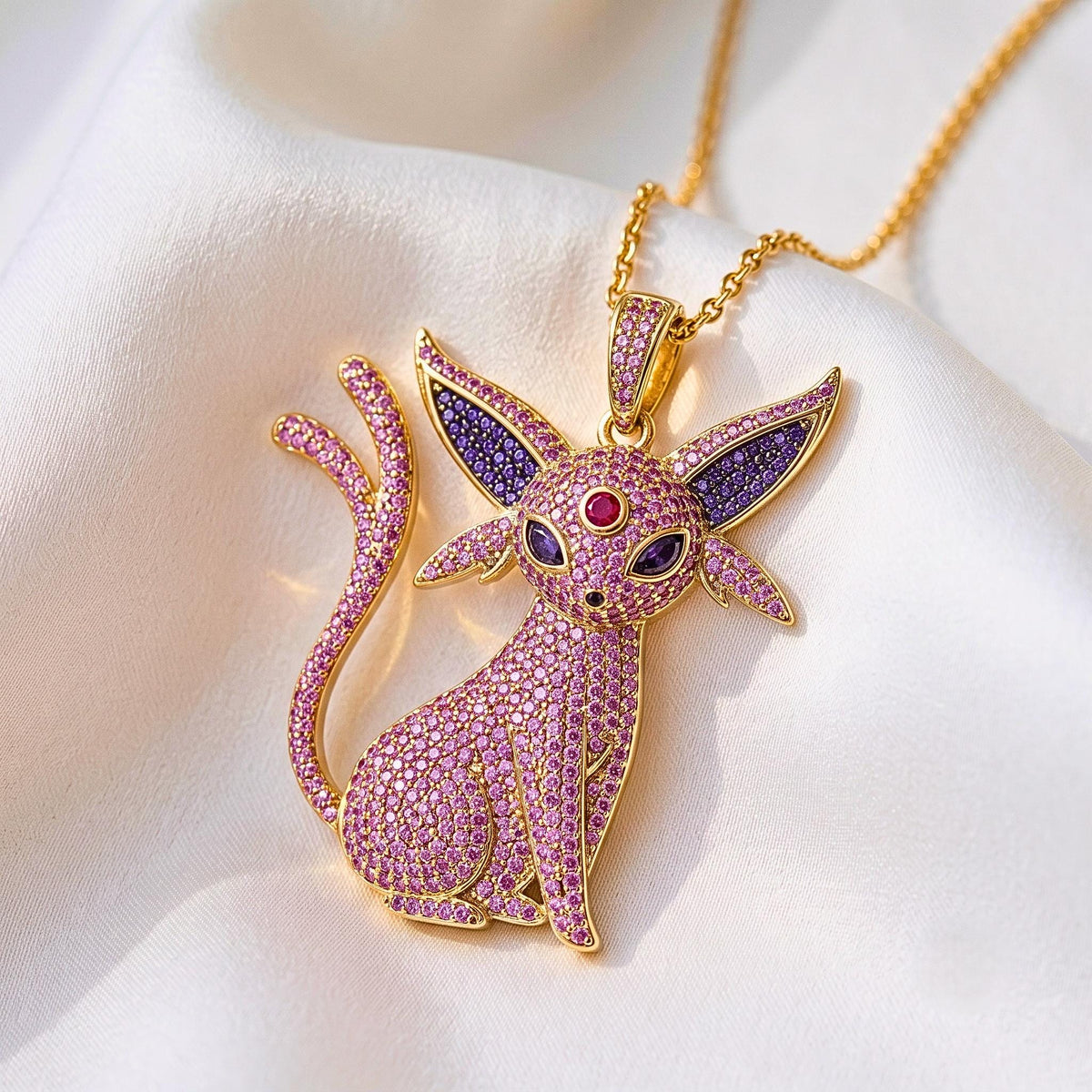Rare Iced Out Espeon Pokémon Pendant 925 Sterling Silver • Custom Anime Psychic Cat Jewelry • Hip Hop Charm Geek Nostalgia Gift for her/him