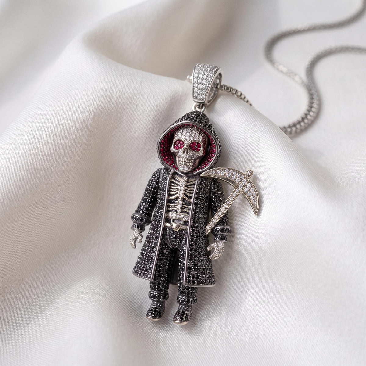 Rare Iced Out Grim Reaper Pendant | 925 Sterling Silver Halloween  Skeleton | Gold Plated Jewelry | Hip Hop Charm Gift for her/him