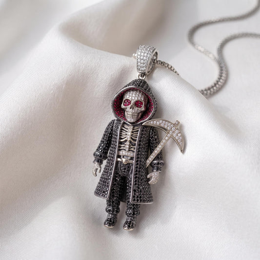 Rare Iced Out Grim Reaper Pendant | 925 Sterling Silver Halloween  Skeleton | Gold Plated Jewelry | Hip Hop Charm Gift for her/him