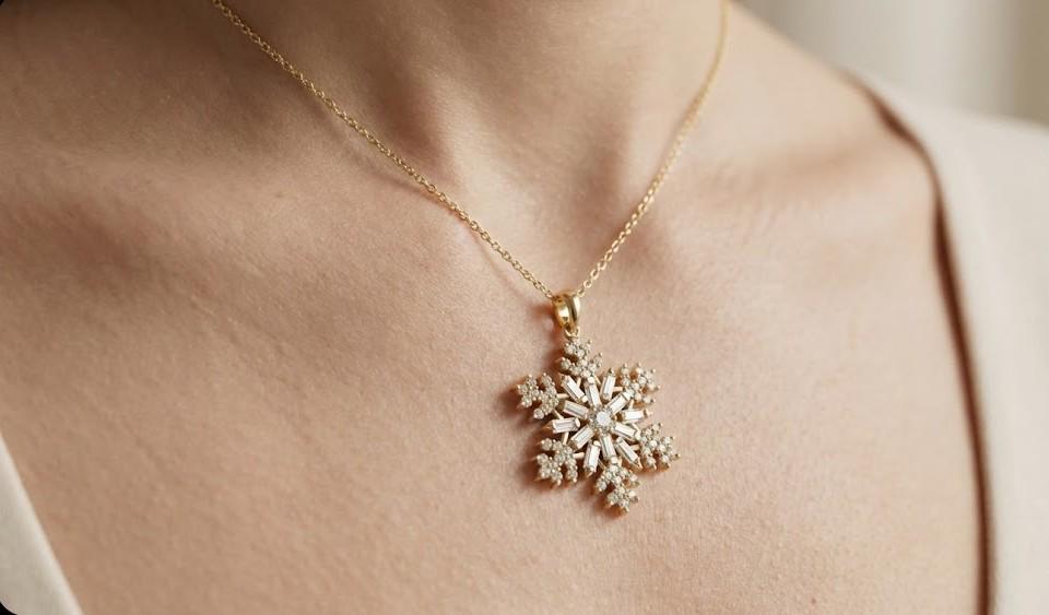 Gold Vermeil Snowflake Pendant with Baguette & Round CZ Stones – Icy Winter Jewelry