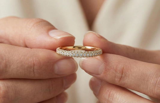 Dainty Silver CZ Eternity Band, Double Row Pave Stacking Ring