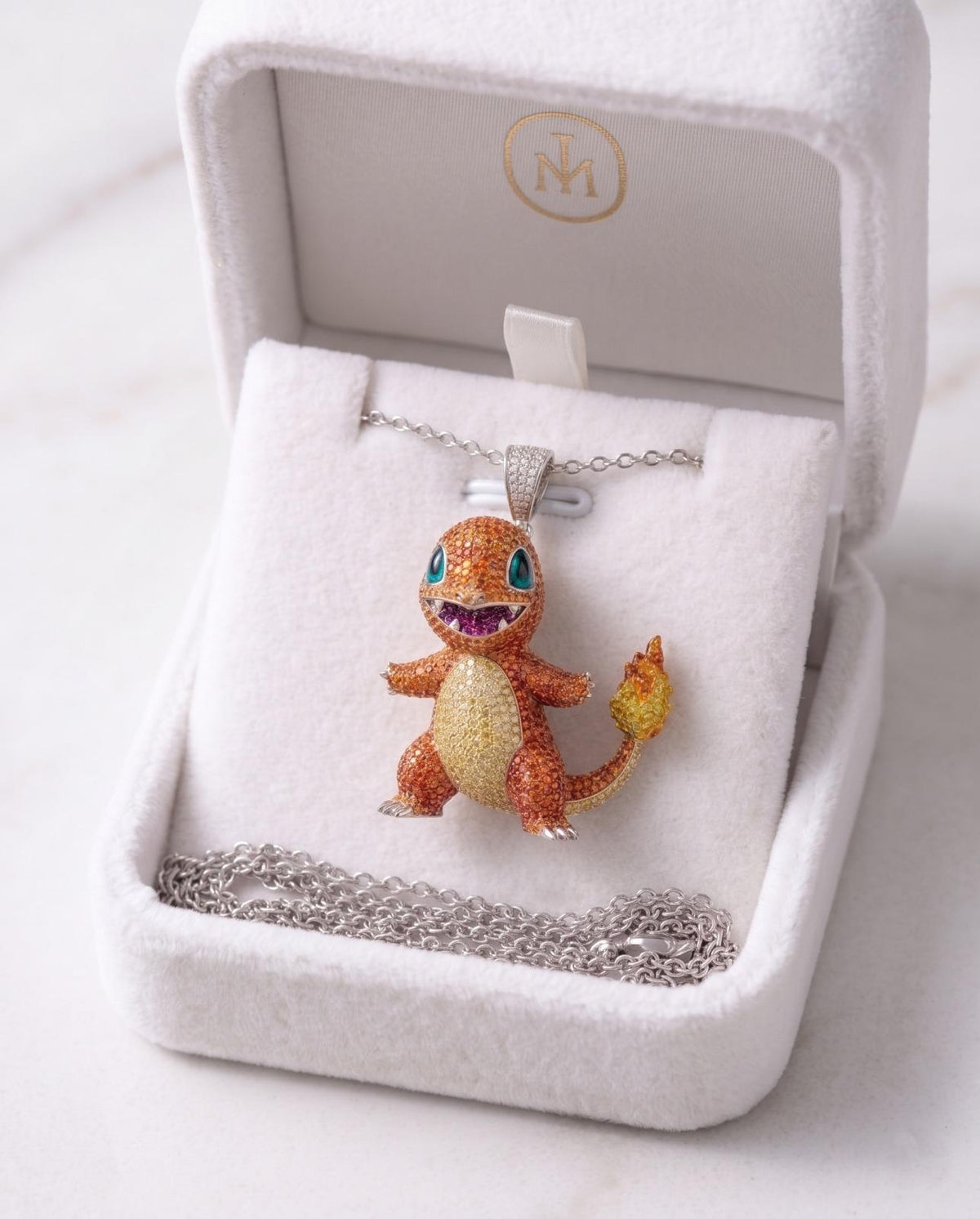 Rare Iced Out Charmander Pokémon Pendant, 925 Sterling Silver Anime Necklace Gamer Gift For her/him