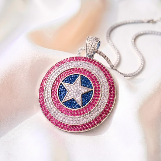 Iced Out Captain America Shield Pendant | Sterling Silver Pink CZ Avengers Necklace