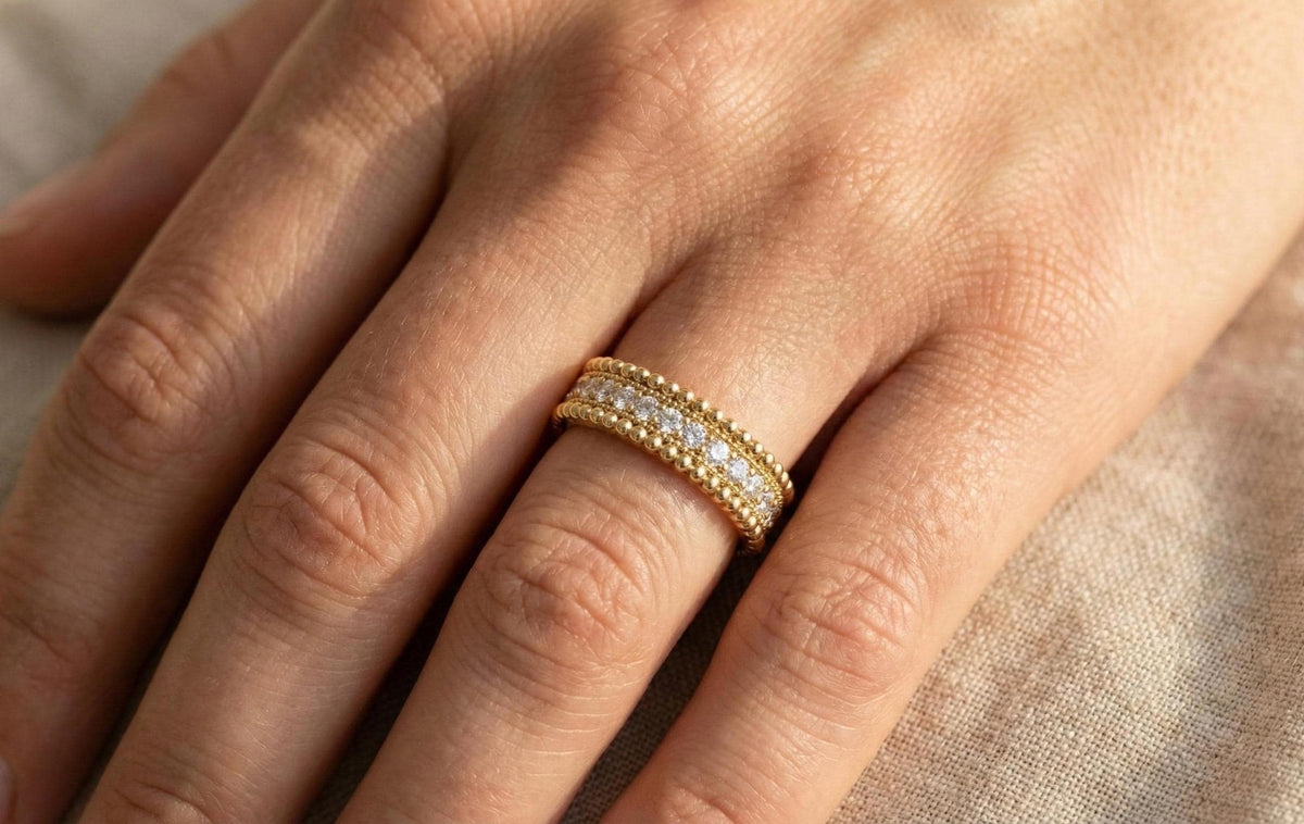 925 Sterling Silver Beaded Eternity Band Ring, Gold Plated Diamond CZ Stackable Ring, Milgrain Wedding Band, Minimalist Promise Ring
