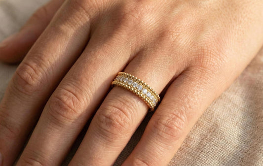 925 Sterling Silver Beaded Eternity Band Ring, Gold Plated Diamond CZ Stackable Ring, Milgrain Wedding Band, Minimalist Promise Ring