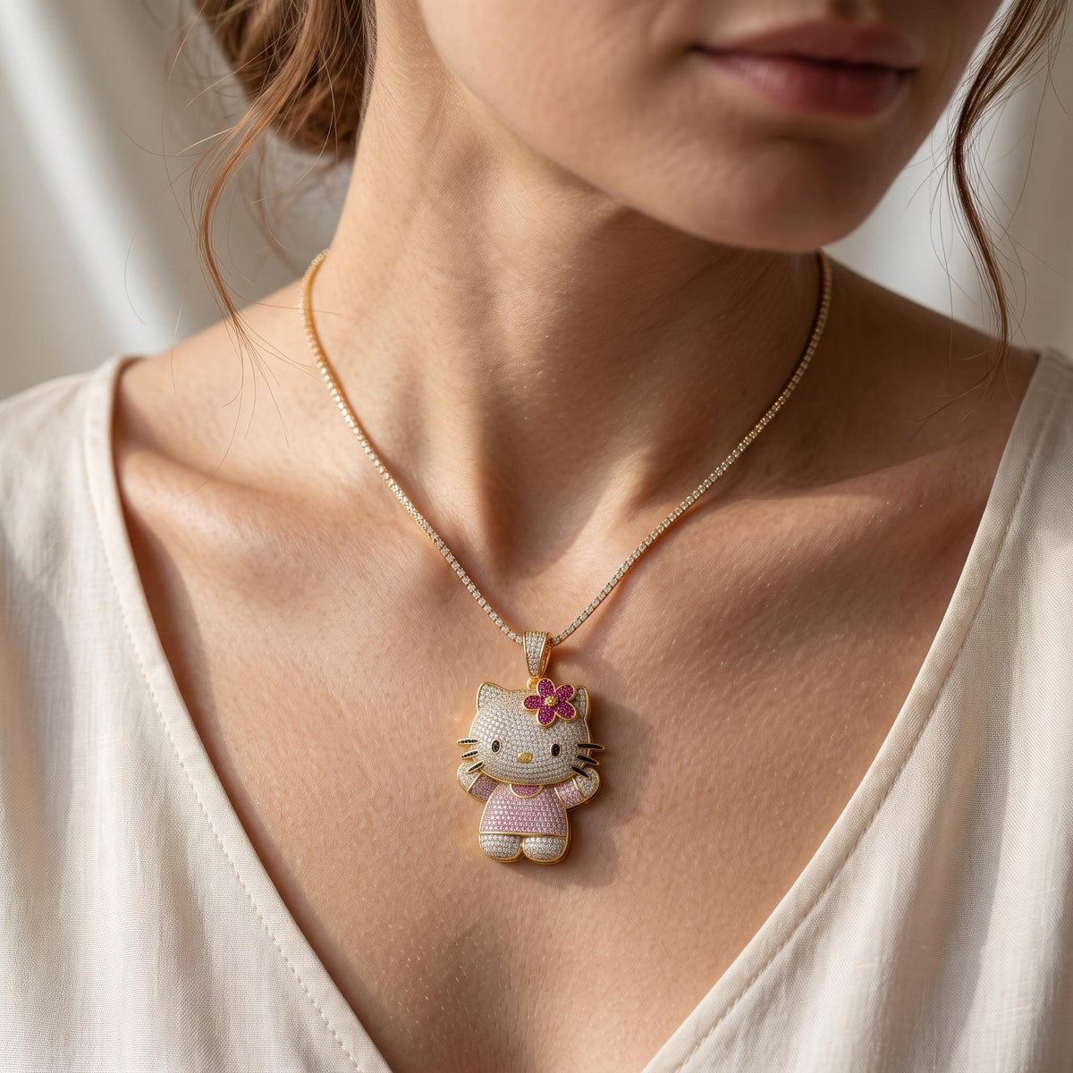 Rare 925 Sterling Silver Iced Out Kitty Pendant | Micro Pave White Zircon Kawaii Character Charm | Cute Animal Necklace Gift for her.