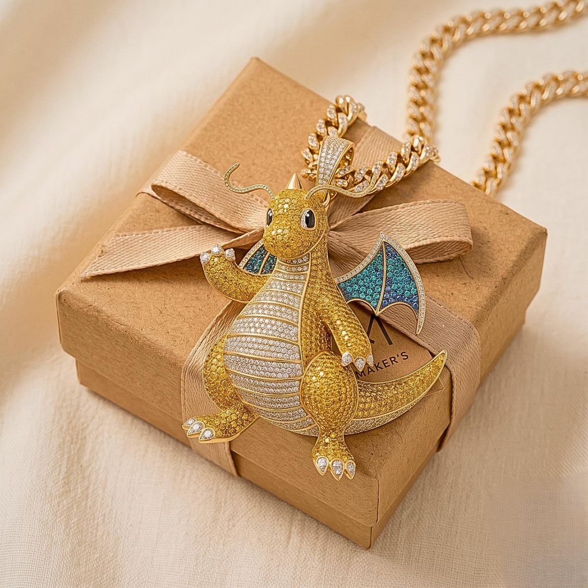 Iced Out Dragonite Pokemon Pendant | 925 Sterling Silver Anime Jewelry | Hip Hop Gamer Charm | Custom Pop Culture Bling | Gift for her/him.