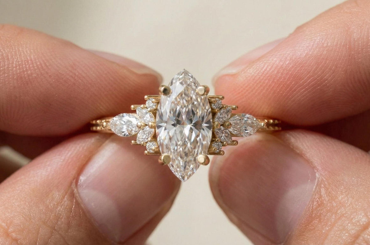 Marquise Moissanite Engagement Ring, Vintage Leaf Design, 925 Sterling Silver