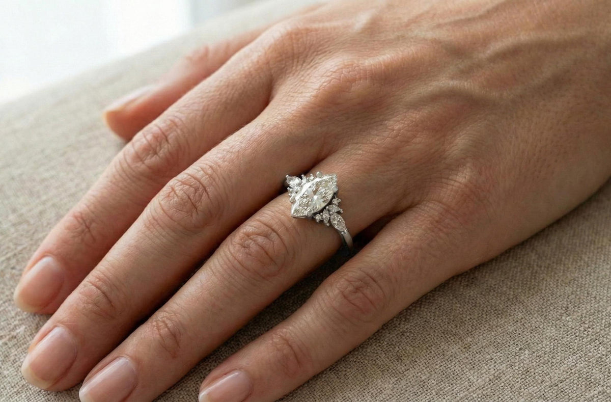 Marquise Moissanite Engagement Ring, Vintage Leaf Design, 925 Sterling Silver