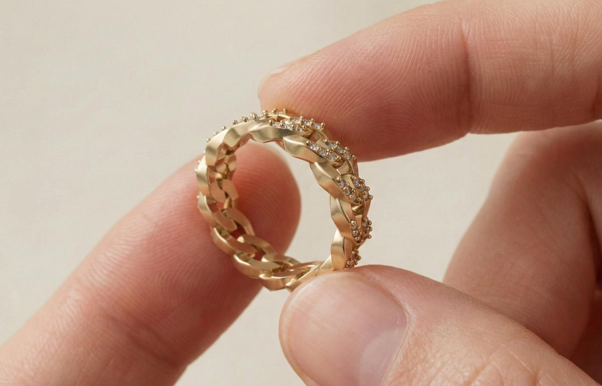 Gold Cuban Link Ring, Pave CZ Sterling Silver Chain Band