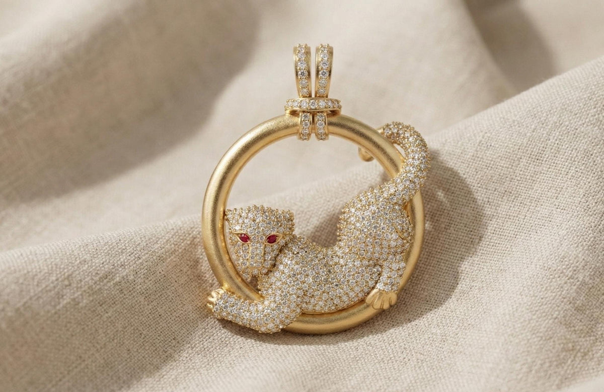 Sterling Silver Pave CZ Panther Necklace, Ruby Eye Leopard Pendant