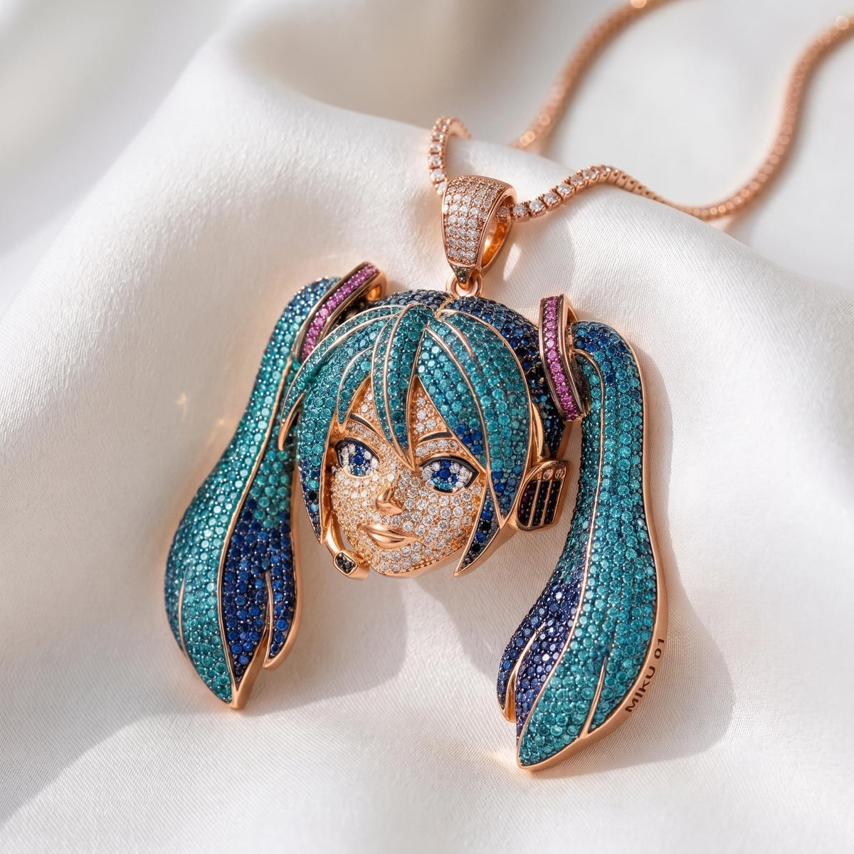 Iced Out Hatsune Miku Pendant , Inspired by north west | 925 Sterling Silver Anime Jewelry | Custom Hip Hop Anime | Gold Plated gift for her