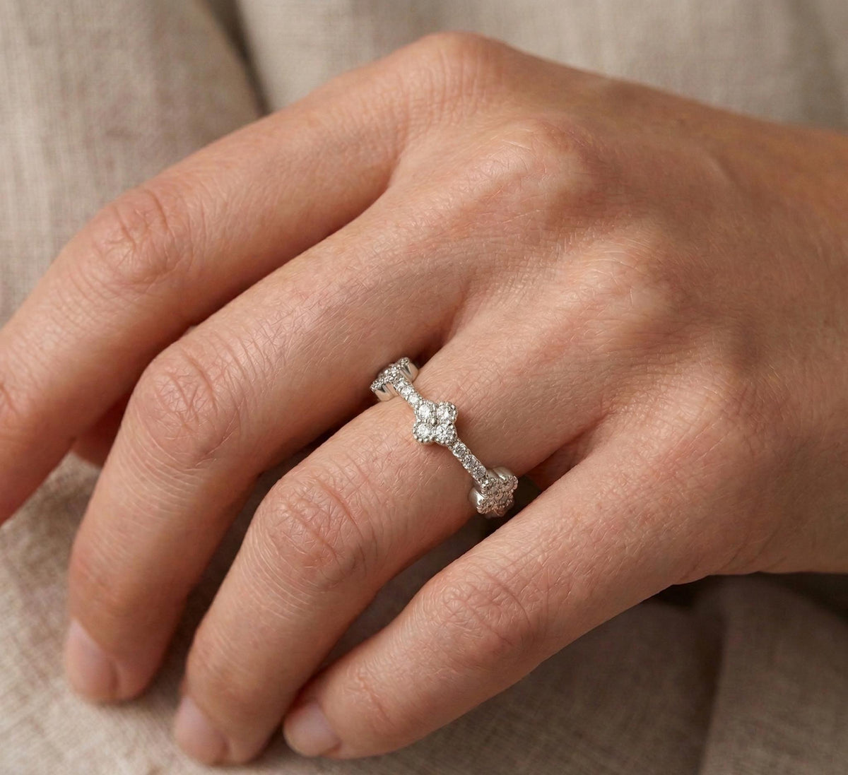925 Sterling Silver Four Leaf Clover Diamond Ring, Gold Vermeil Floral Cluster Ring, Dainty Diamond Clover Band, Gift For Her,