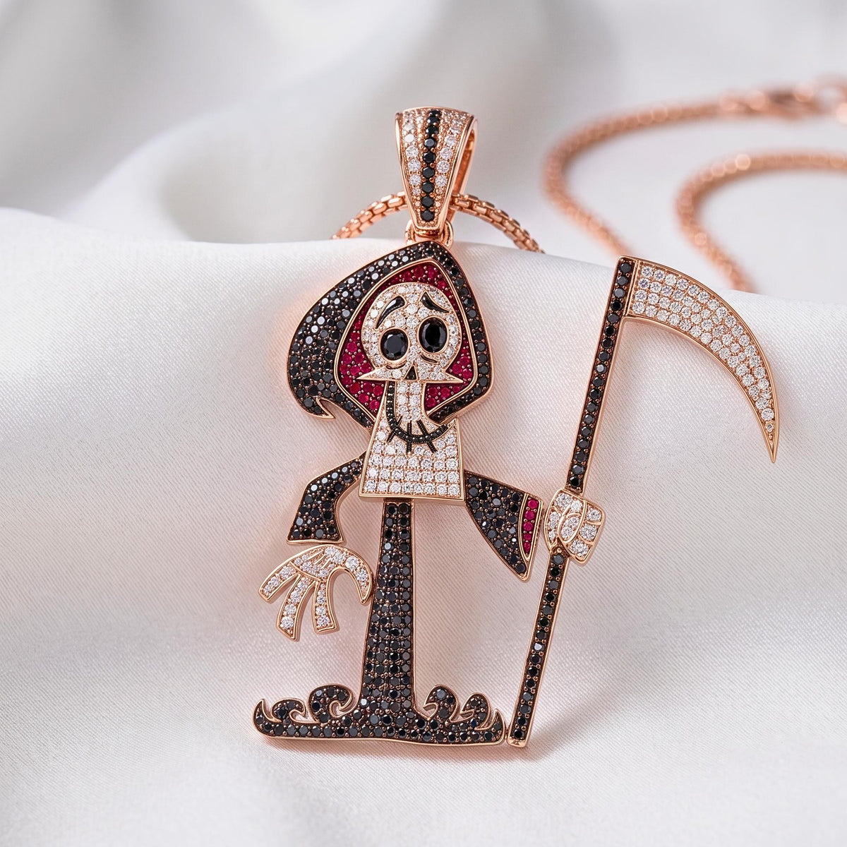 Rare Iced Out Grim Reaper Pendant, 925 Sterling Silver Cartoon Reaper Charm, Men's Hip Hop Jewelry, Gold Plated, Halloween Gift for her/him