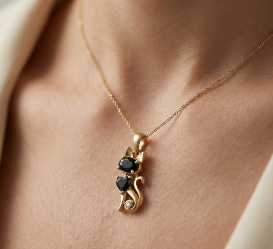 Gold Plated Sterling Silver Black Cat Necklace, Onyx Animal Charm