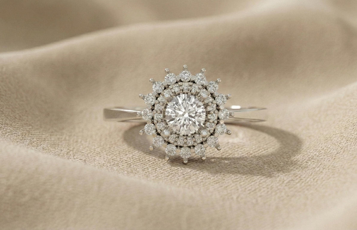 Gold Plated Sterling Silver Halo Engagement Ring, Vintage Bridal Jewelry