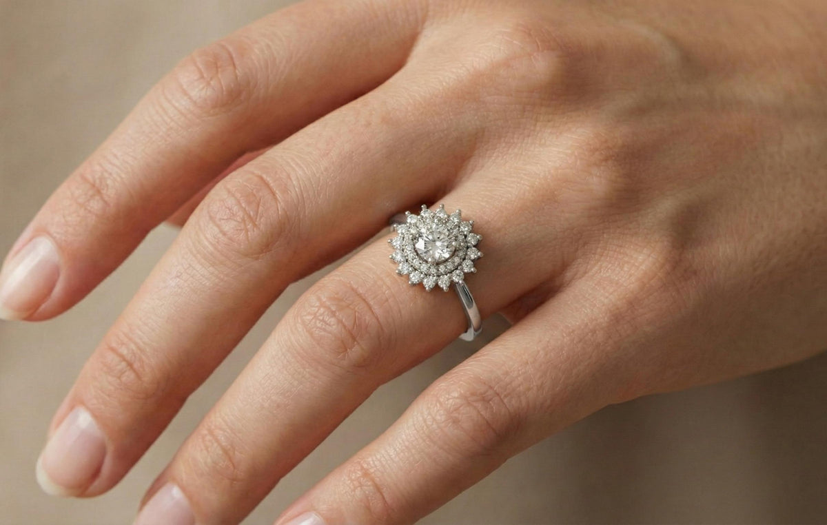Gold Plated Sterling Silver Halo Engagement Ring, Vintage Bridal Jewelry