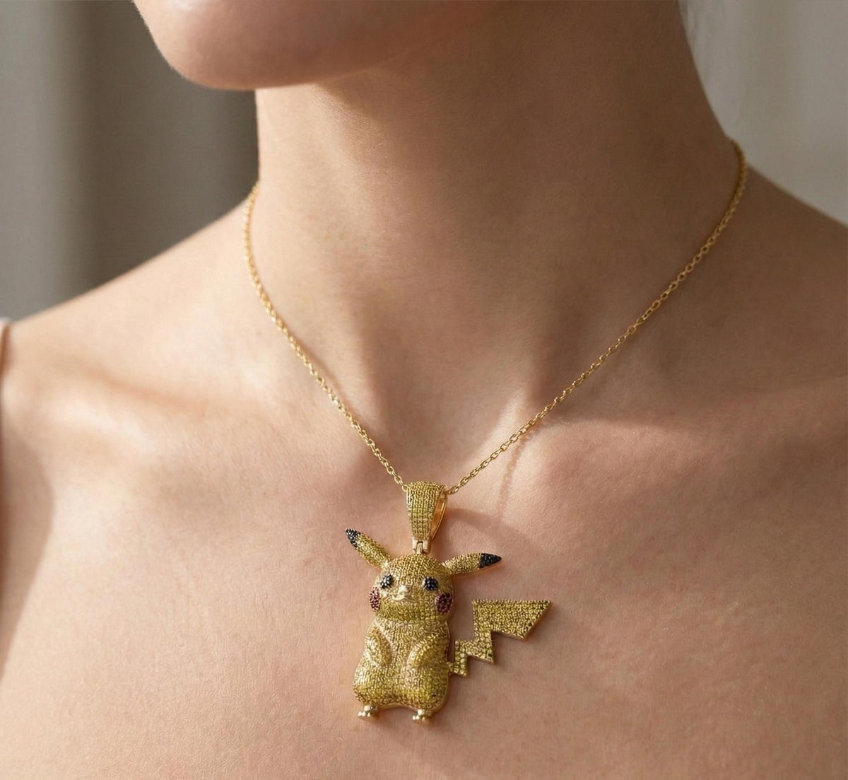 Iced Out Pikachu Pendant, 14k Gold, CZ Sterling Silver Necklace