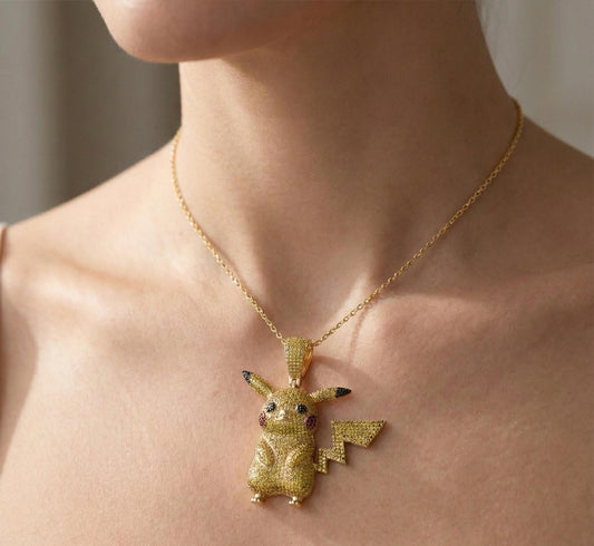 Iced Out Pikachu Pendant, 14k Gold, CZ Sterling Silver Necklace