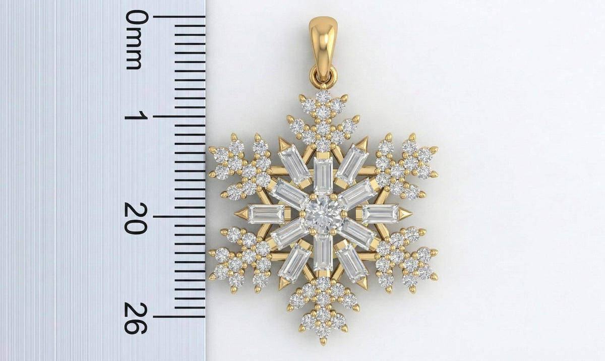 Gold Vermeil Snowflake Pendant with Baguette & Round CZ Stones – Icy Winter Jewelry