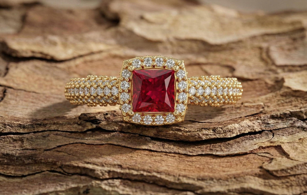 925 Sterling Silver Red Ruby Engagement Ring, Princess Cut Halo Diamond Ring, Gold Plated Statement Ring for Women, Gift for Her