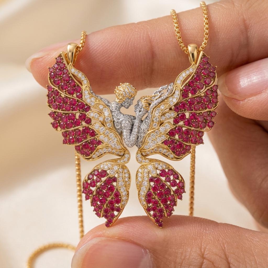 Rare Iced Out Angel Wing Pendant • 925 Sterling Silver Butterfly Necklace • Yellow & Rose Gold Plated • Rare  Love Jewelry Gift for her/him