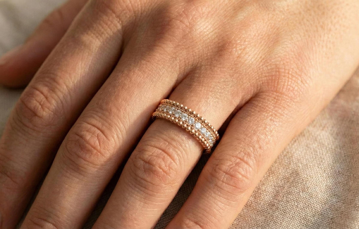 925 Sterling Silver Beaded Eternity Band Ring, Gold Plated Diamond CZ Stackable Ring, Milgrain Wedding Band, Minimalist Promise Ring