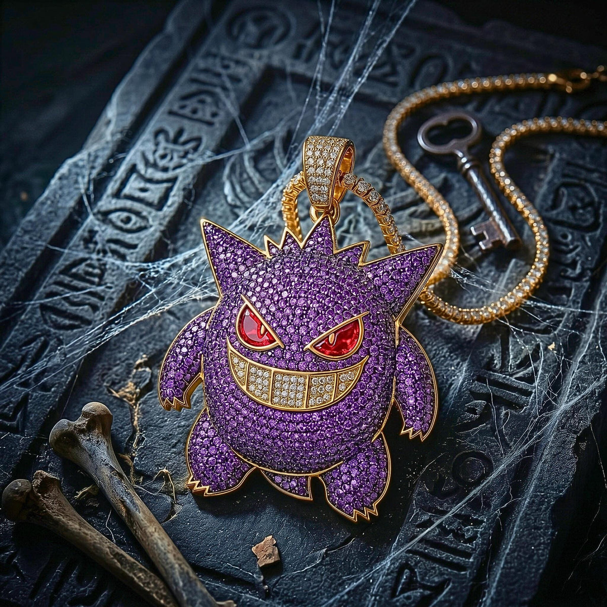 Rare Iced Out Gengar Pendant | 925 Sterling Silver Anime Necklace Hip Hop Gamer Jewelry Gold  Ghost Charm Custom Nostalgic Gift for him/her.