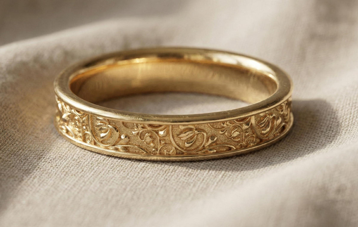 Gold Floral Wedding Band | Vintage Art Nouveau Scroll Ring | Engraved Flower Eternity Ring | Nature Inspired Garden Jewelry | Gift for Her