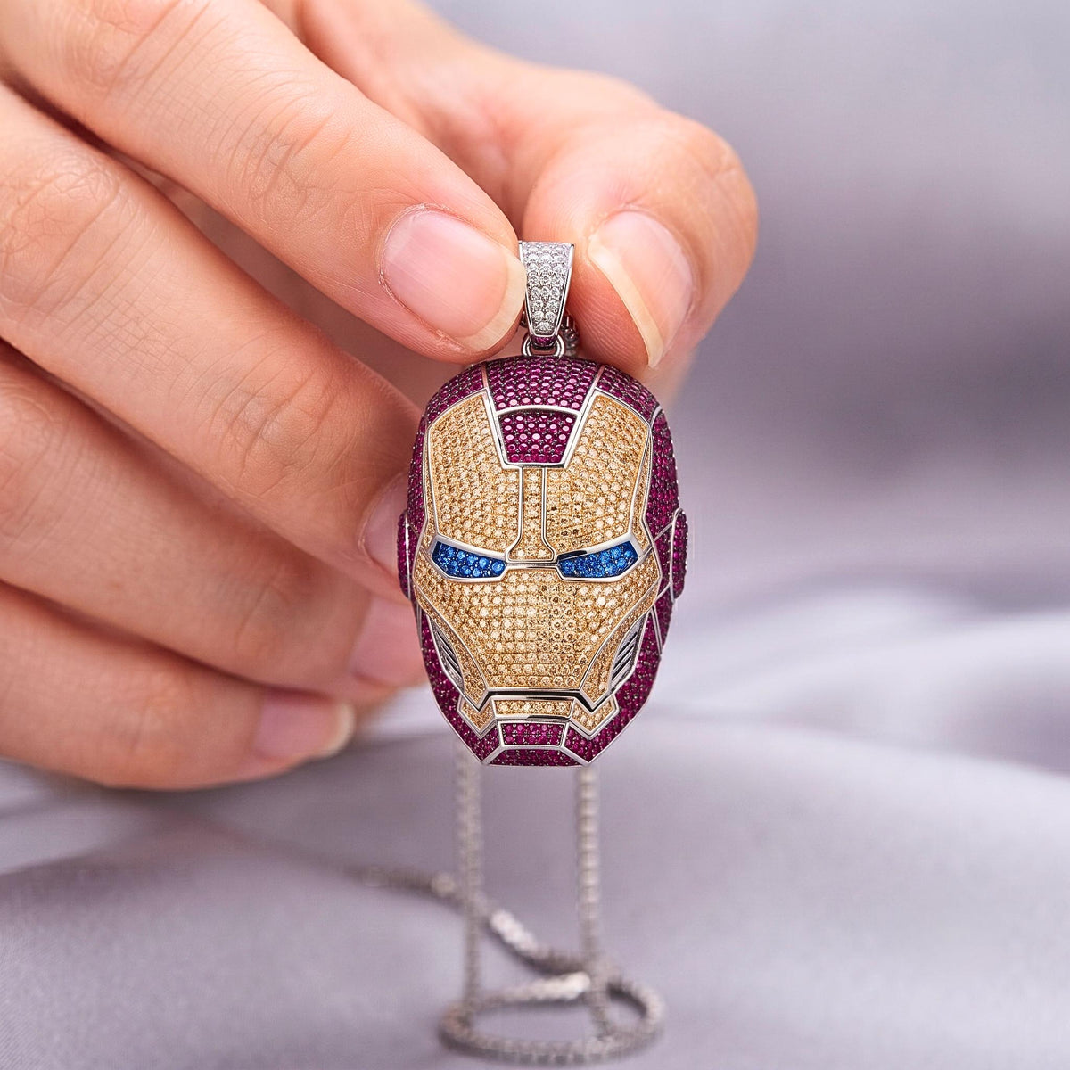 Rare Iced Out Iron Man Mask Pendant | 925 Sterling Silver & Yellow Gold Plated Avengers Jewelry | Rare  Superhero Necklace Gift for her/him
