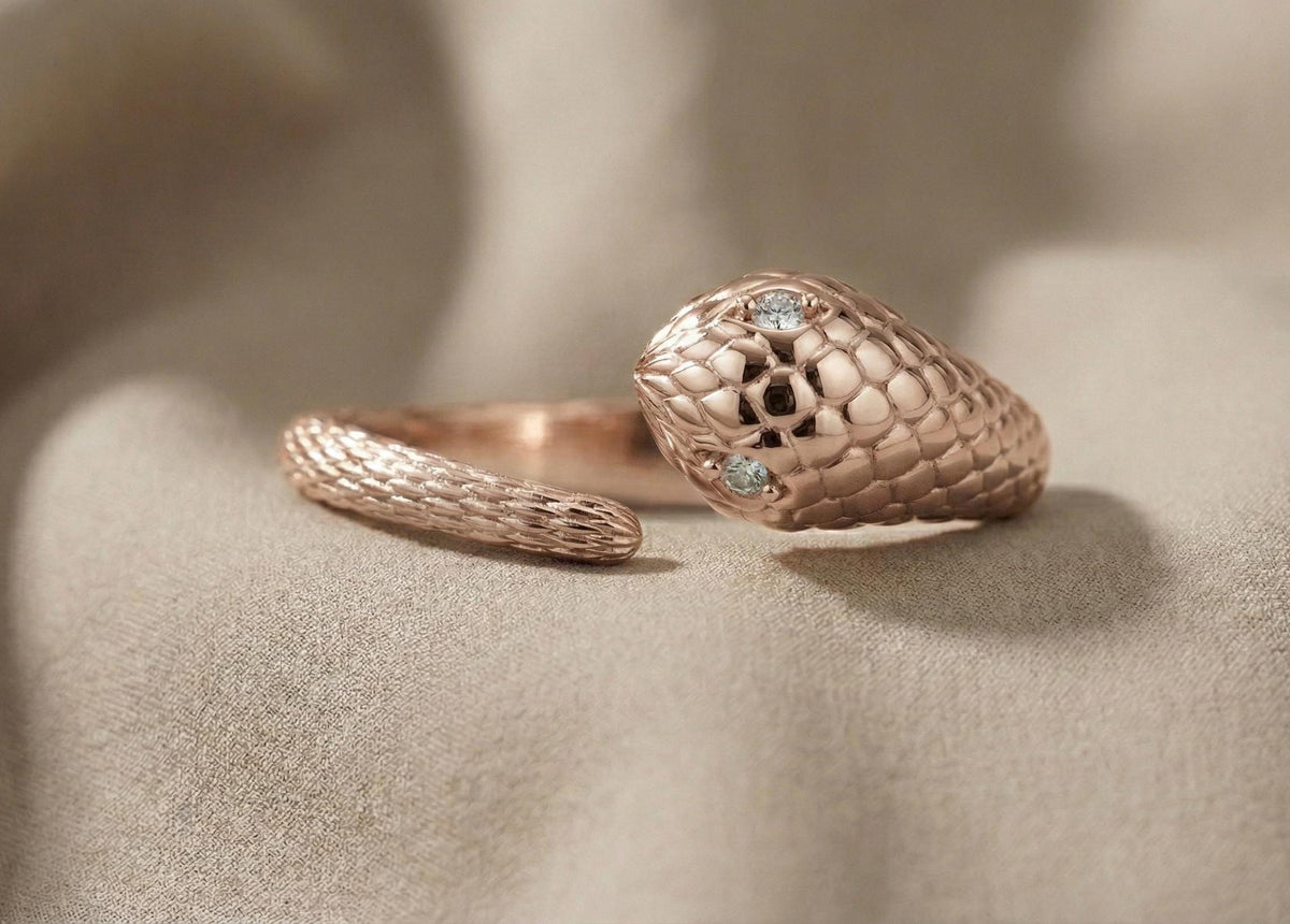 925 Sterling Silver Snake Ring, Gold  Serpent Ring, Diamond Eye Snake Ring, Adjustable Statement Ring, Women Fine Jewellery Gift for her/him