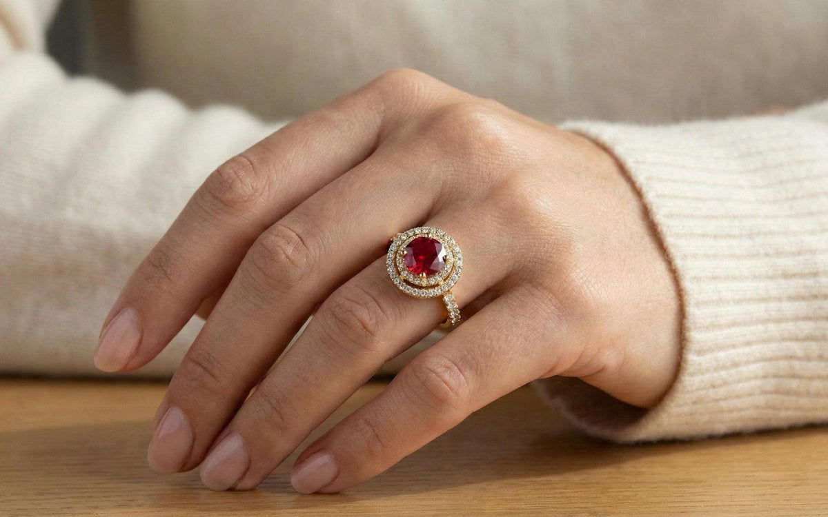 Ruby Halo Engagement Ring for Women, 925 Sterling Silver Gold Plated Ring, Diamond Accent Bridal Ring, July Birthstone Gift,
