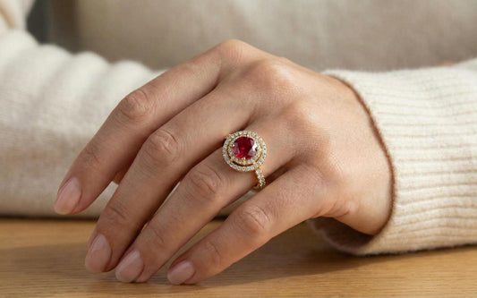 Ruby Halo Engagement Ring for Women, 925 Sterling Silver Gold Plated Ring, Diamond Accent Bridal Ring, July Birthstone Gift,