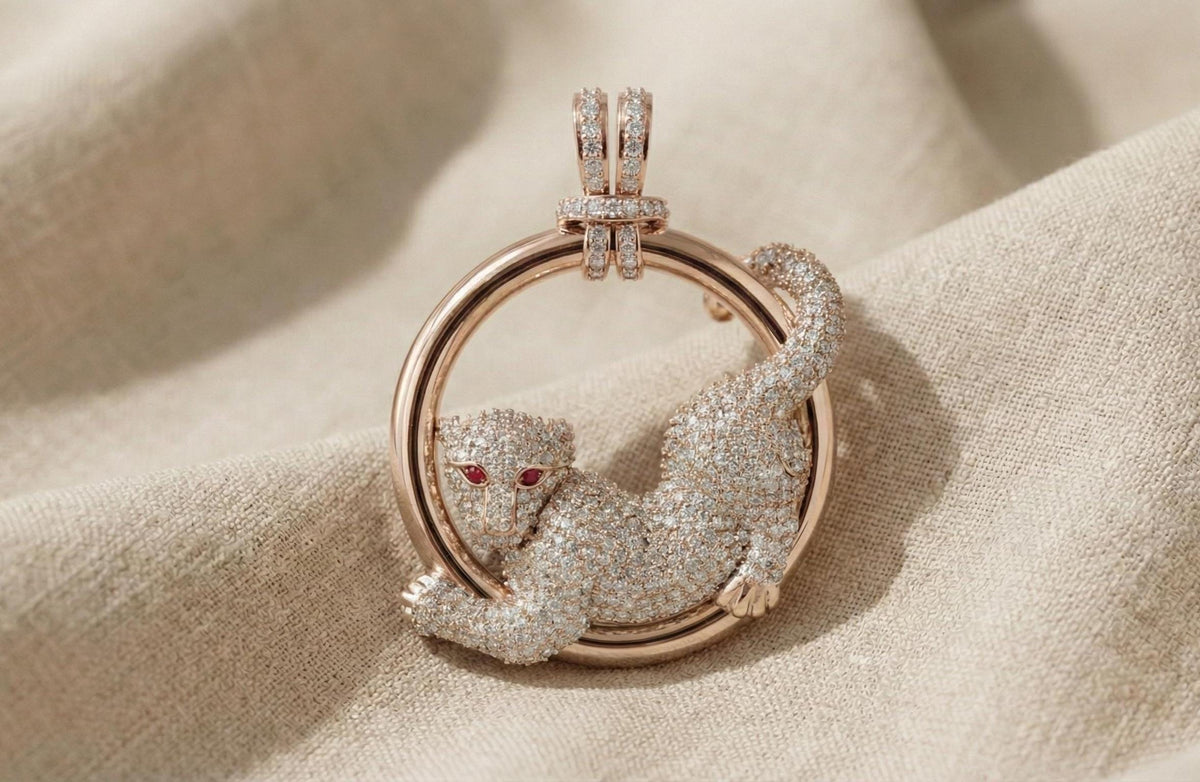 Sterling Silver Pave CZ Panther Necklace, Ruby Eye Leopard Pendant