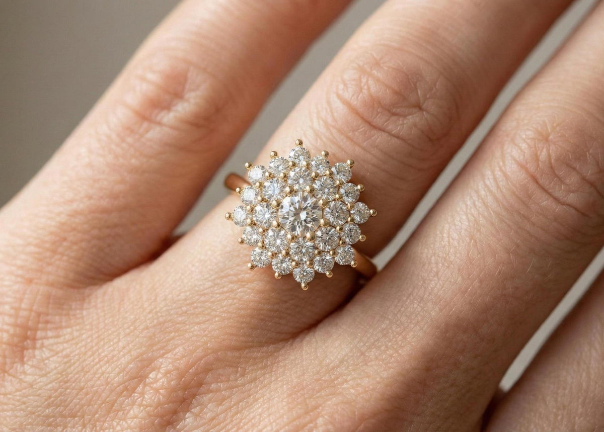 Sterling Silver Cluster Ring | Snowflake Halo Diamond Ring | Statement Engagement Ring | Bridal Jewelry Gift for Her