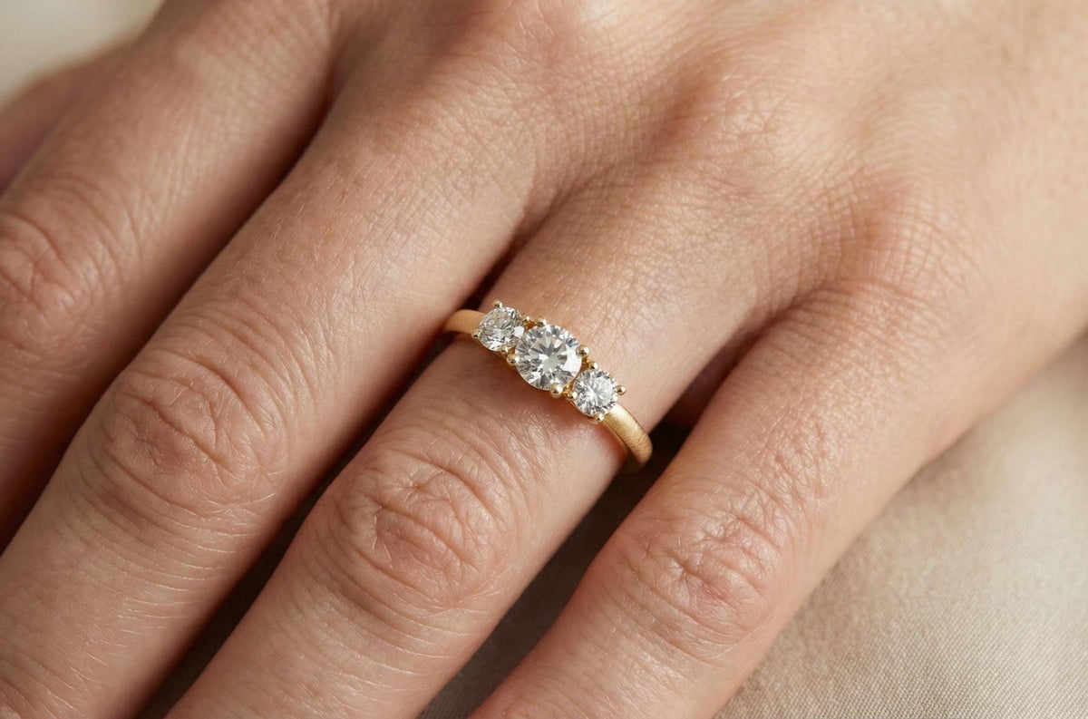 925 Sterling Silver Three Stone Ring, Round Cut Diamond Ring, Gold Plated Engagement Ring, Minimalist Handmade Jewellery, Gift for Her