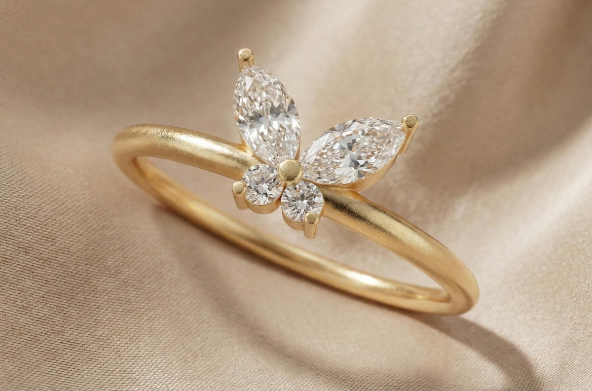Butterfly Ring 925 Sterling Silver Gold, Marquise Diamond Style Ring, Dainty Minimalist Engagement Ring, Promise Ring Gift for Her
