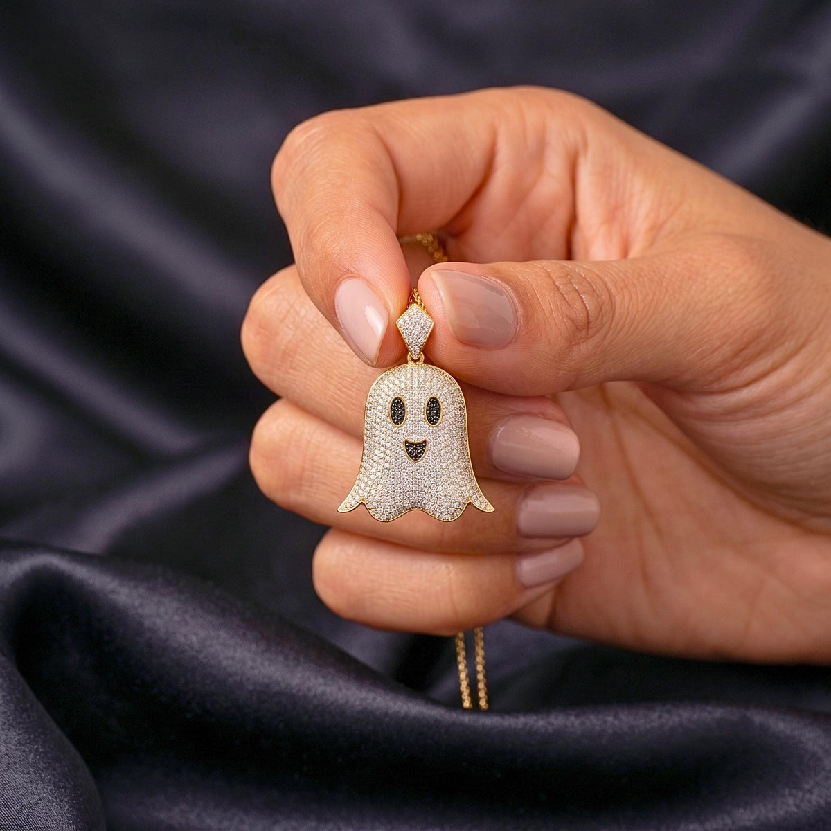 925 Sterling Silver Iced Out Ghost Pendant  | Rare Hip Hop Ghost Charm |  Gold Plated Micro-Pave CZ Jewelry | Halloween Gift for her/him