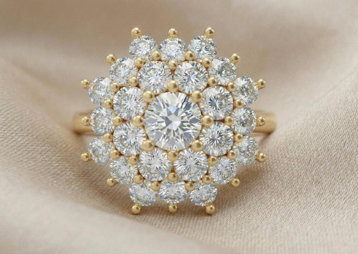 Sterling Silver Cluster Ring | Snowflake Halo Diamond Ring | Statement Engagement Ring | Bridal Jewelry Gift for Her