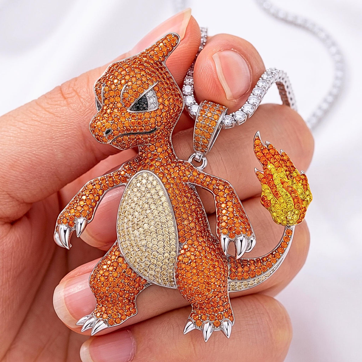 Rare Iced Out Charmeleon Pokémon Pendant 925 Sterling Silver Anime Jewelry Gamer Gift Hip Hop Fire Monster Charm Nostalgia Gift for him/her