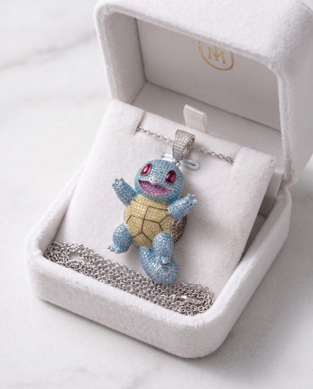 Rare Iced Out Squirtle Pendant | Solid 925 Sterling Silver & Gold Plated  Gamer Gift Anime jewelry Gift for her/him